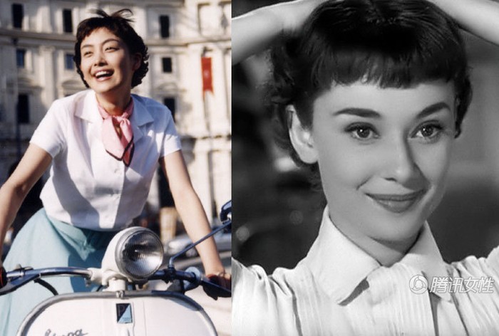 Lý Na Anh trên chiếc Vespa tươi cười cũng cho thấy sự trẻ trung đáng yêu như Audrey Hepburn.